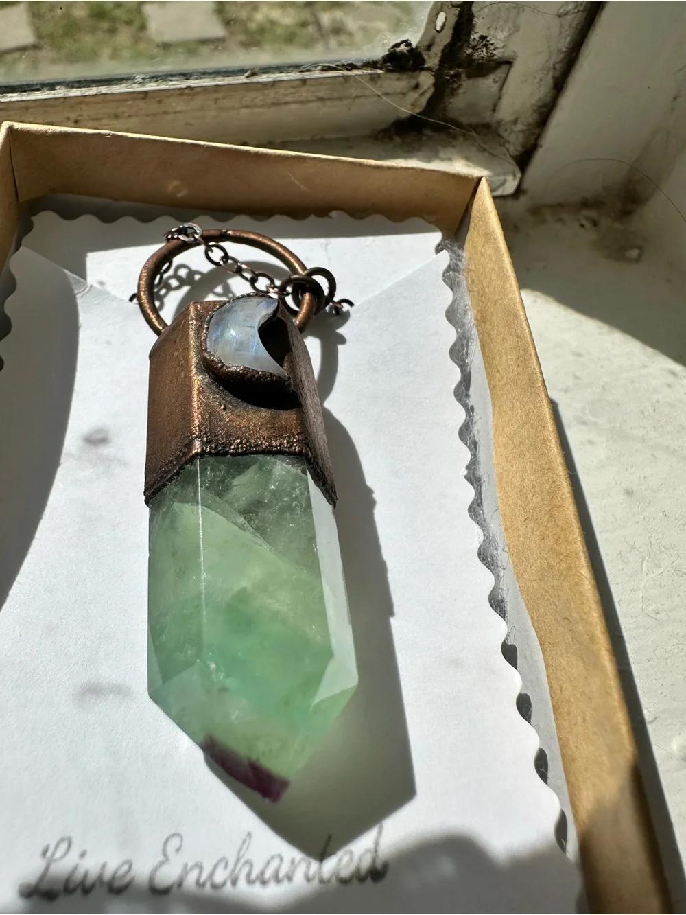Enchanted by Cara Fluorite  Pendant with Crescent Moonstone Necklace 24” new